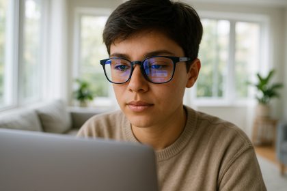 Jeune portant des lunettes bleues travaillant sur un laptop dans un salon lumineux