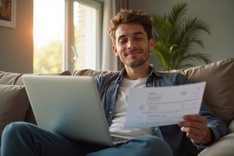 Jeune professionnel détendu chez lui avec un ordinateur et une note médicale