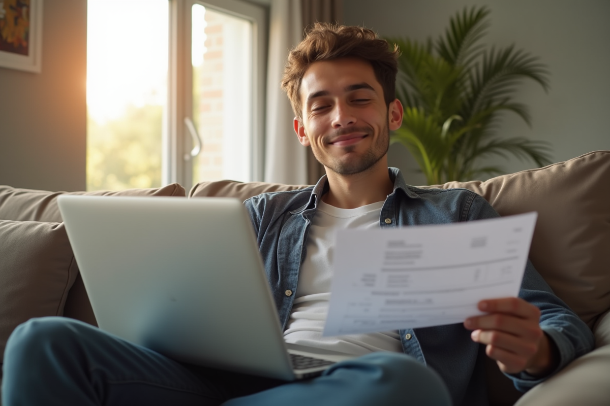 Jeune professionnel détendu chez lui avec un ordinateur et une note médicale