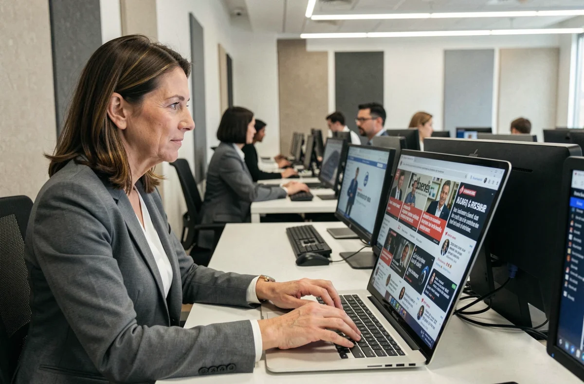 Journaliste dans une salle de rédaction analysant des rumeurs sur la santé de personnalités publiques françaises
