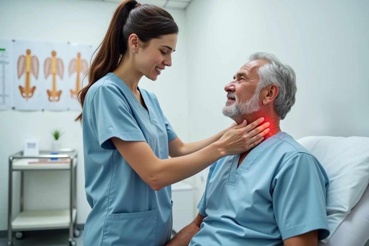 Kinésithérapeute examinant la colonne cervicale d'un patient souffrant de rétrécissement foraminal C5-C6