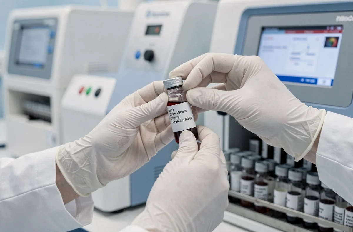 Technicien de laboratoire manipulant un tube de sang pour analyser le volume globulaire moyen dans un bilan hématologique