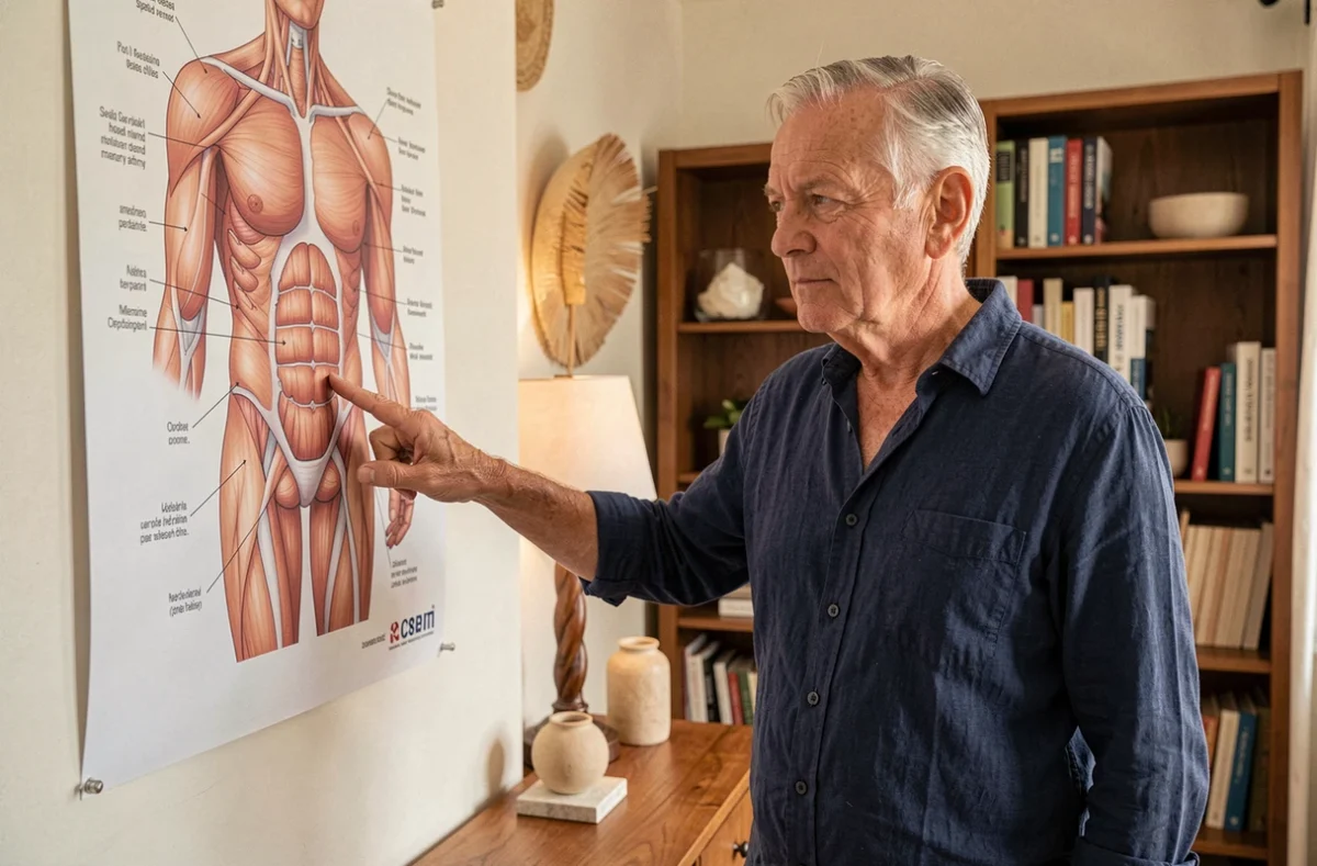 Homme montrant la localisation des reins sur son propre dos en s'aidant d'un schéma anatomique affiché au mur