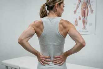 Femme plaçant ses mains sur le bas du dos pour localiser la zone des reins lors d'une consultation en cabinet de physiothérapie
