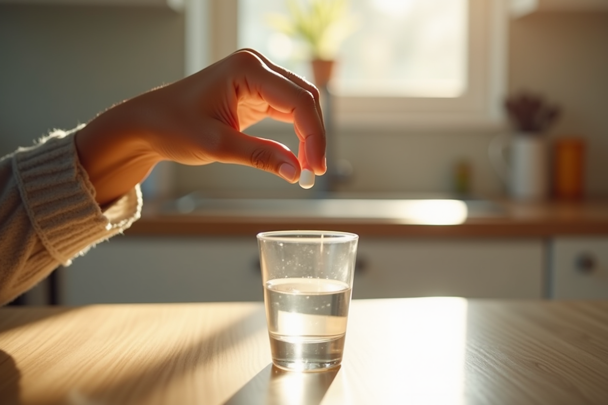 Gros plan d'une main diverse tenant une pilule blanche au-dessus d'un verre d'eau