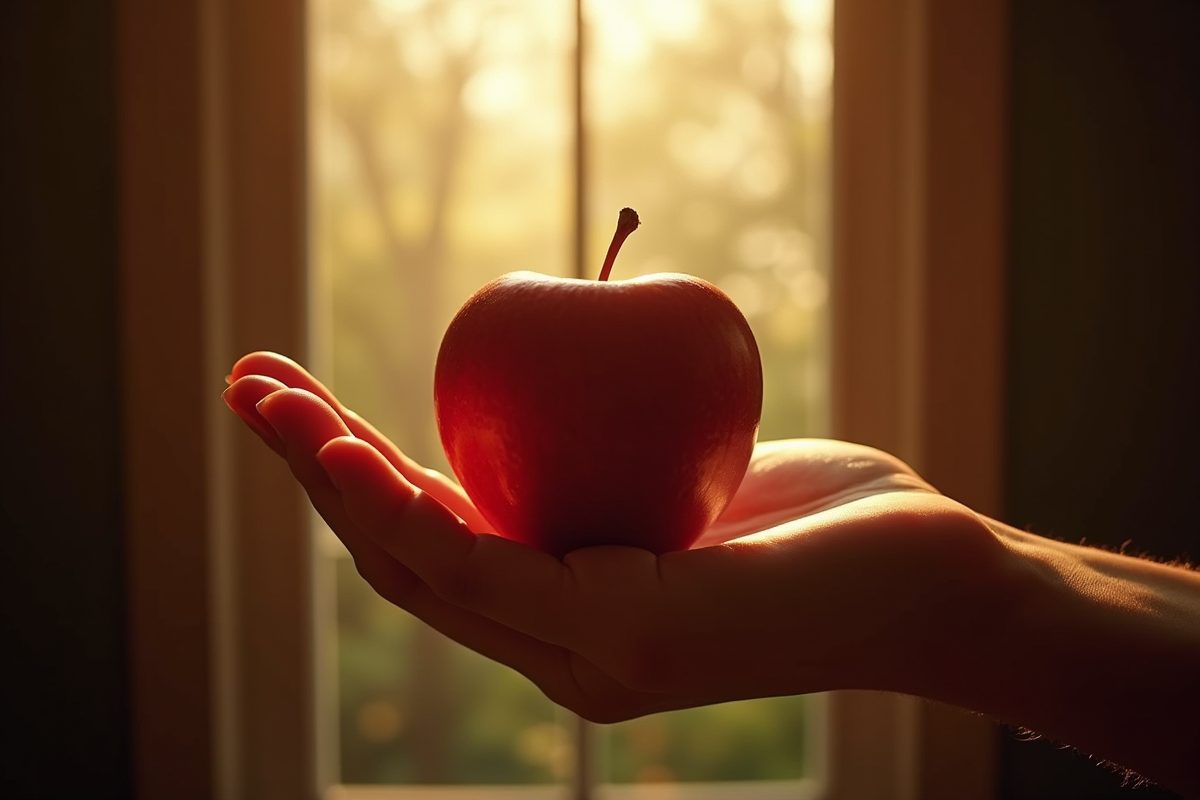 Main tenant une pomme rouge symbolique sous lumière douce