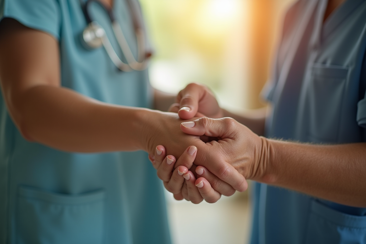 Infirmiere soutenant la main d un patient en soins palliatifs