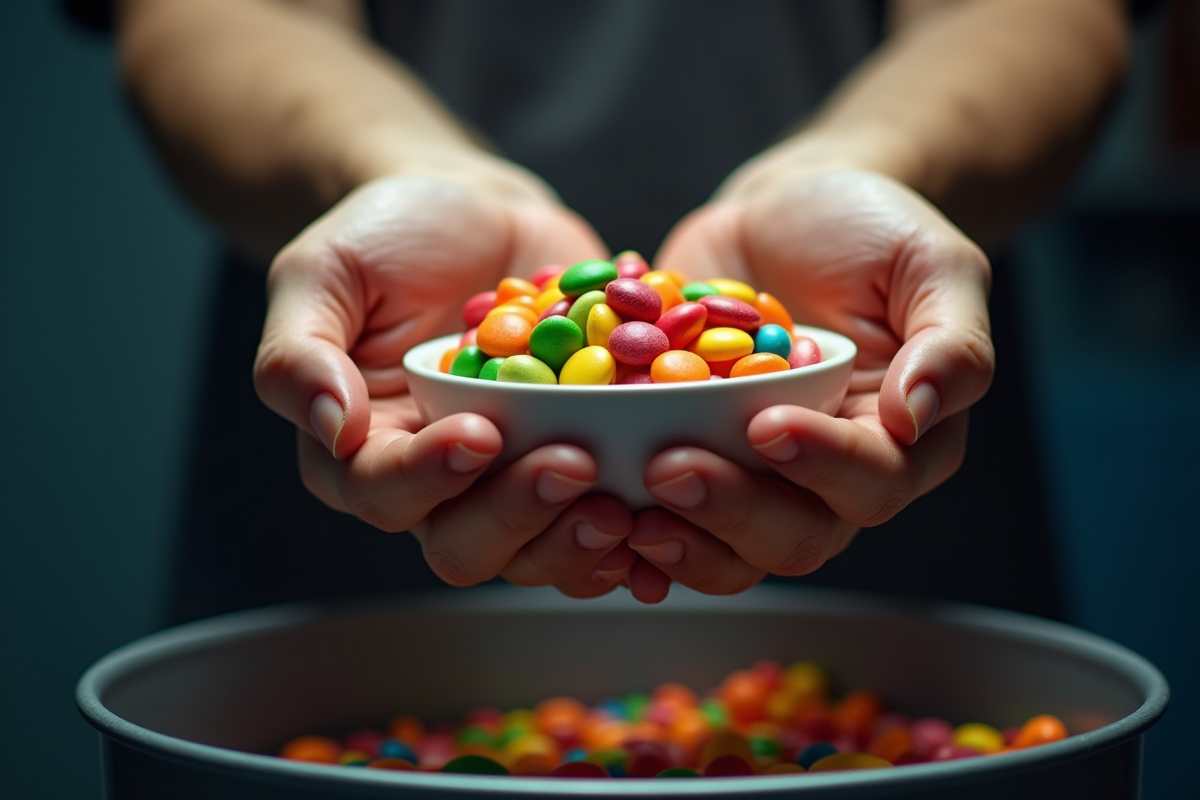 Mains propres jetant bonbons dans une poubelle