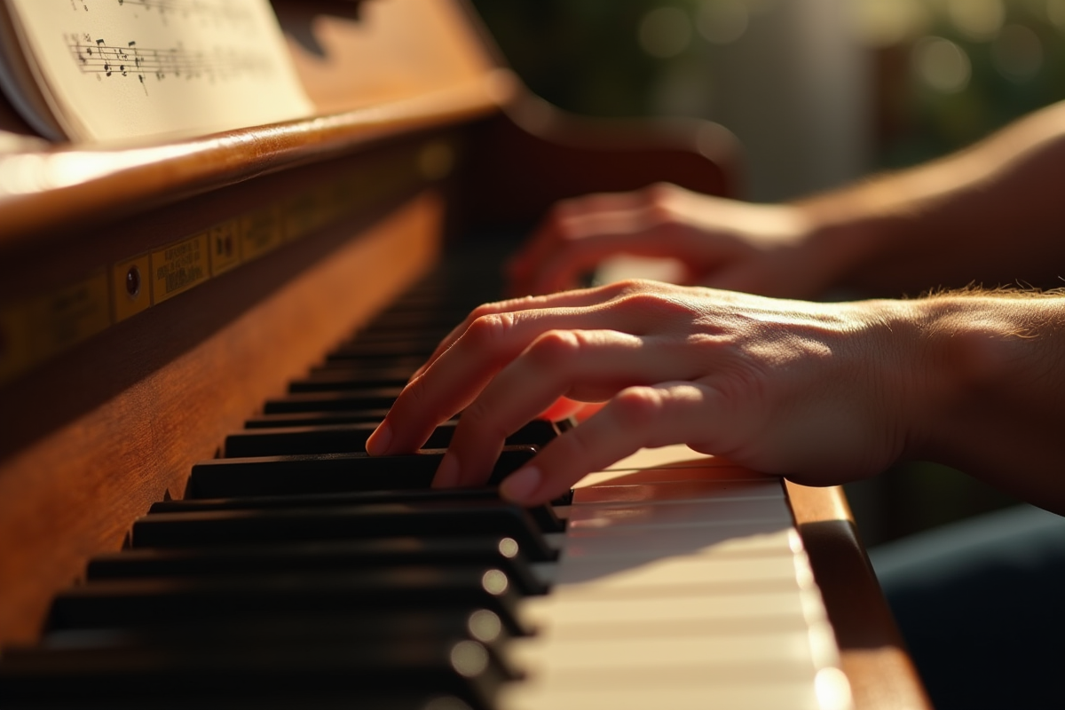 Mains jouant du piano en lumière douce du matin