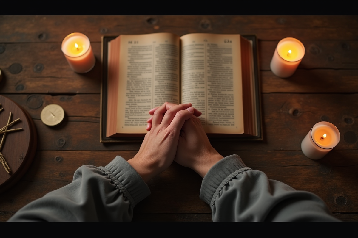 Mains croisées sur une table en bois avec bougies et texte religieux