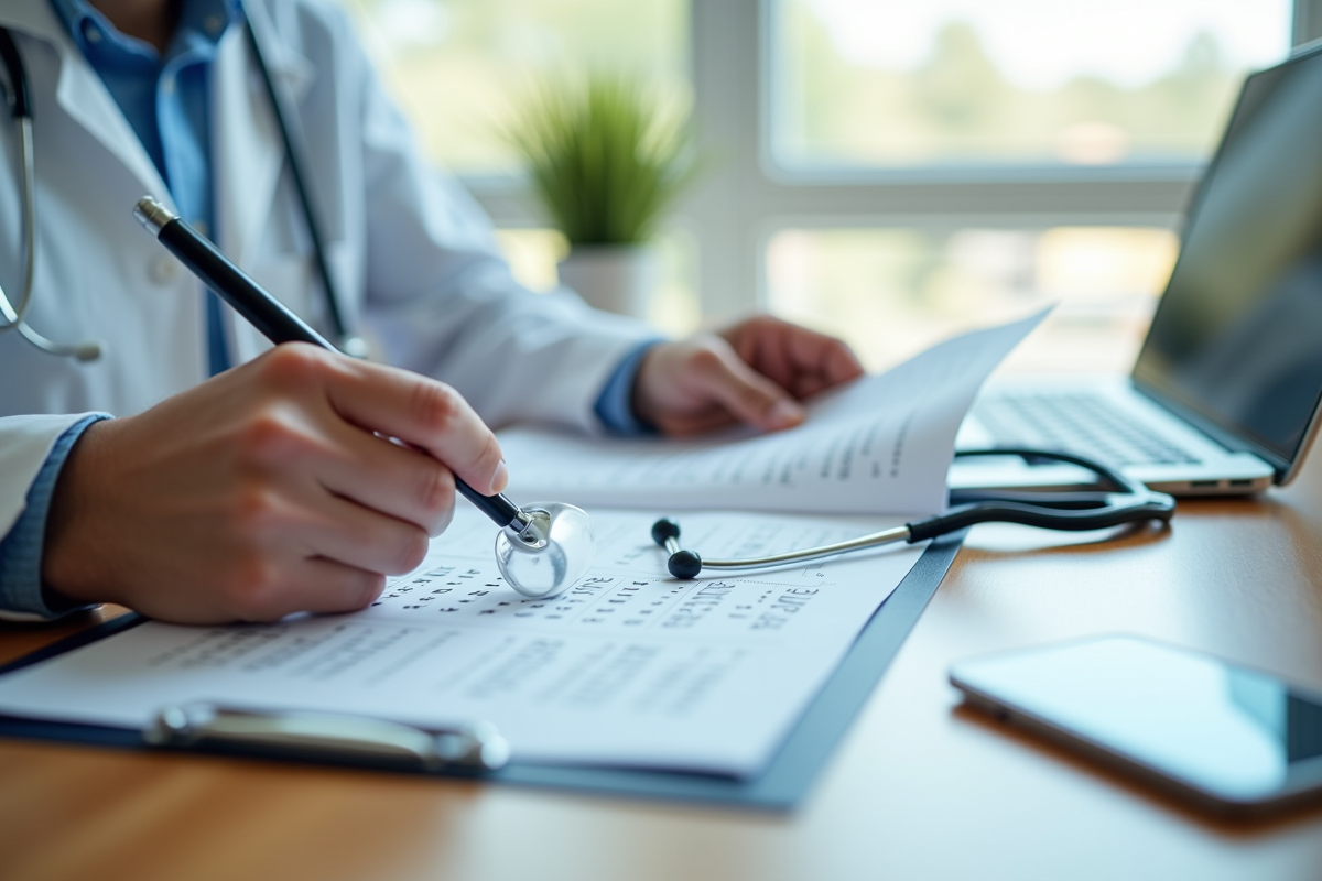 Mains tenant des tests hormonaux avec un stethoscope sur un bureau