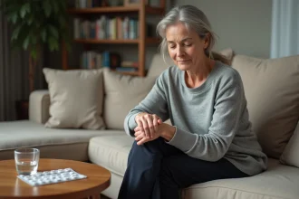 Femme vérifiant son pouls sur le canapé après une prise de paracétamol, malaise vagal et tension artérielle