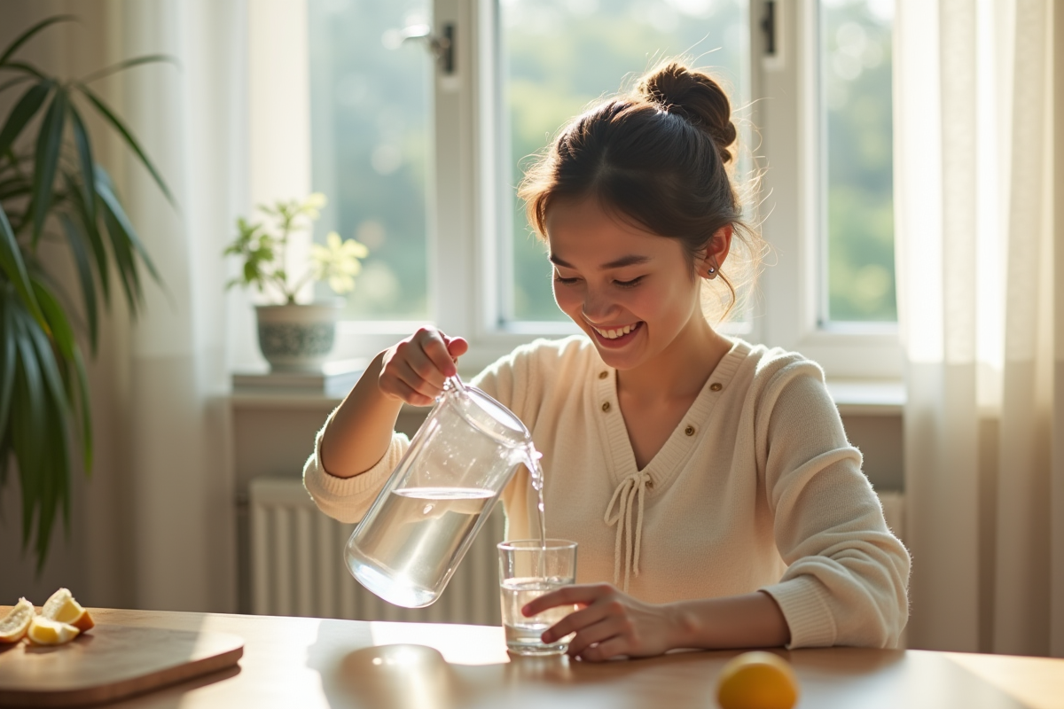 Jeune maman souriante verse de l'eau dans un verre à la cuisine