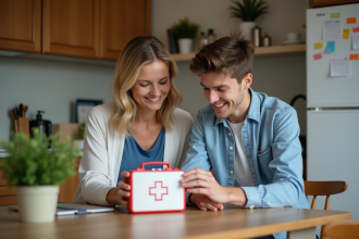 Femme et adolescent vérifiant une trousse de secours à la maison