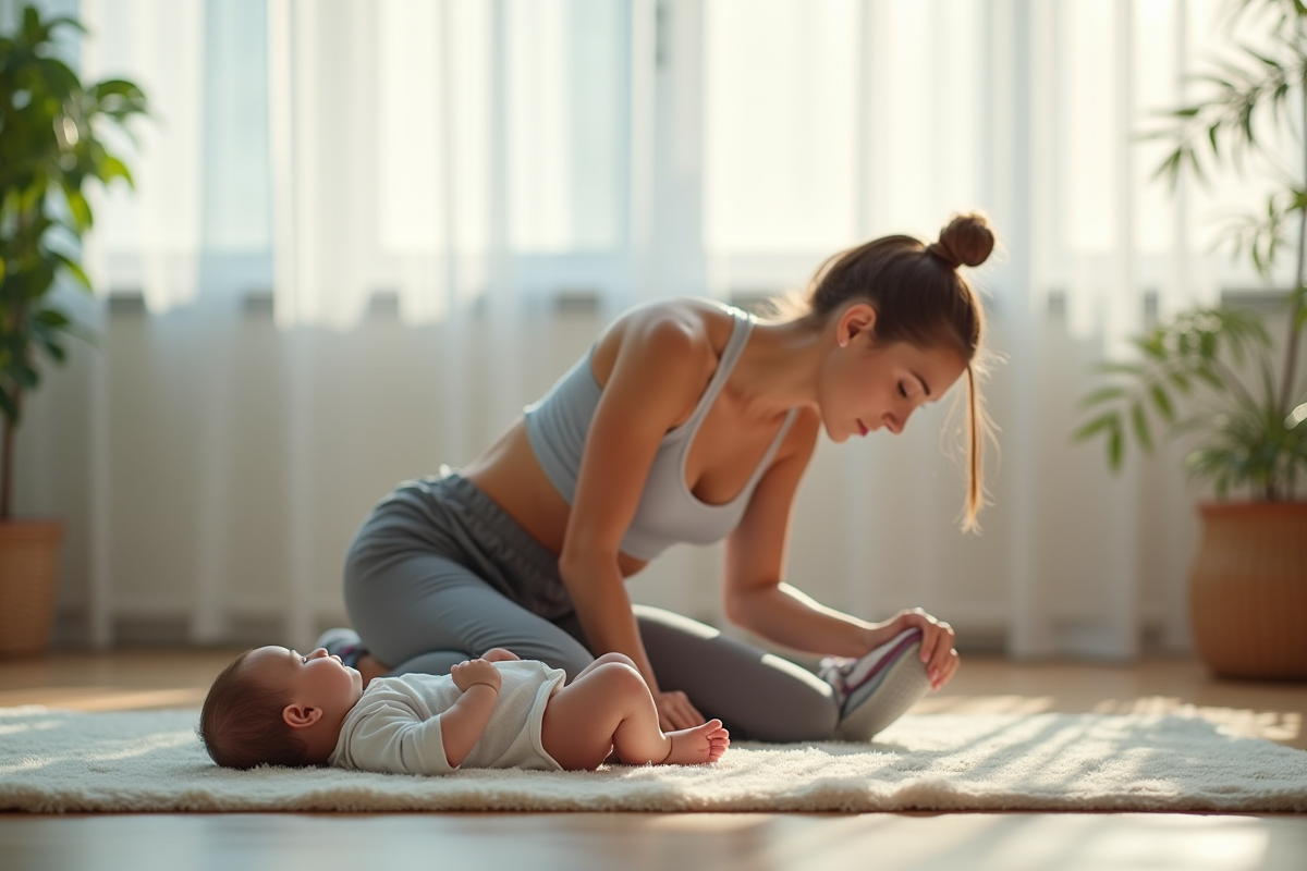 Jeune maman en tenue de sport s'étirant dans un salon lumineux