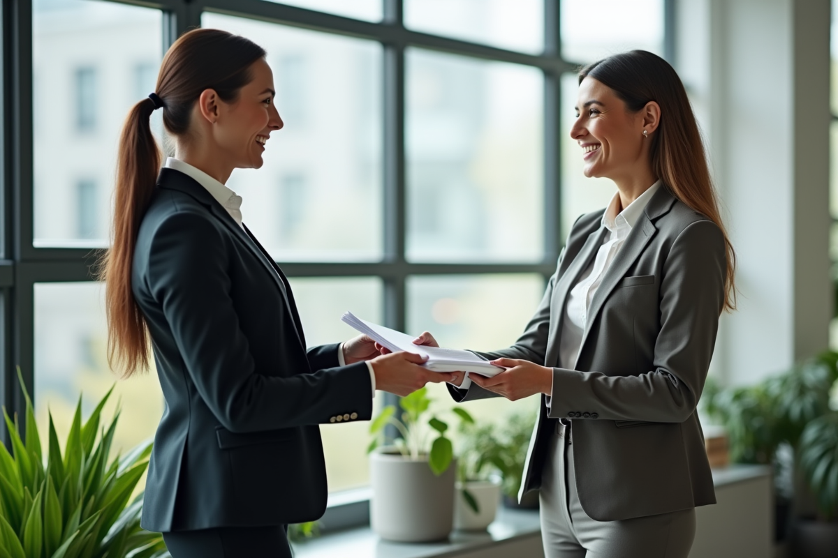 Manager souriant remettant un document signé à un employé dans un bureau lumineux