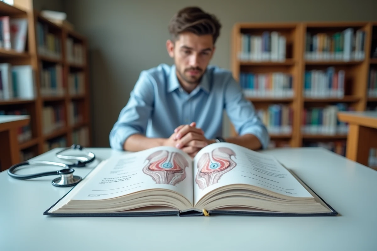 Manuel médical illustrant les ganglions inguinaux avec notes et stéthoscope sur un bureau d'étudiant