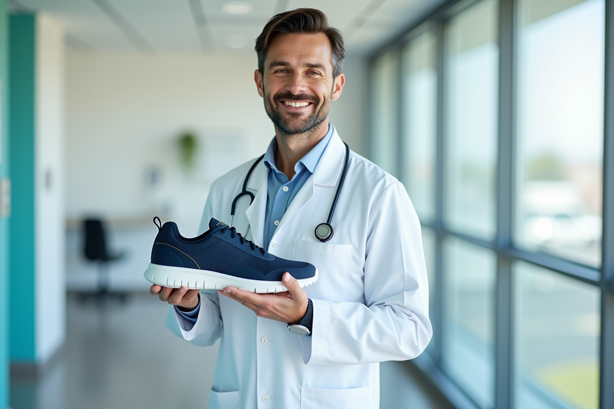 Médecin dans une clinique lumineuse tenant des chaussures Skechers
