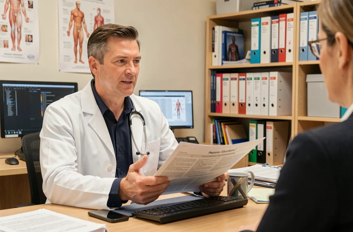 Médecin en blouse blanche expliquant les effets secondaires de la perfusion de fer à un patient lors d'une consultation médicale