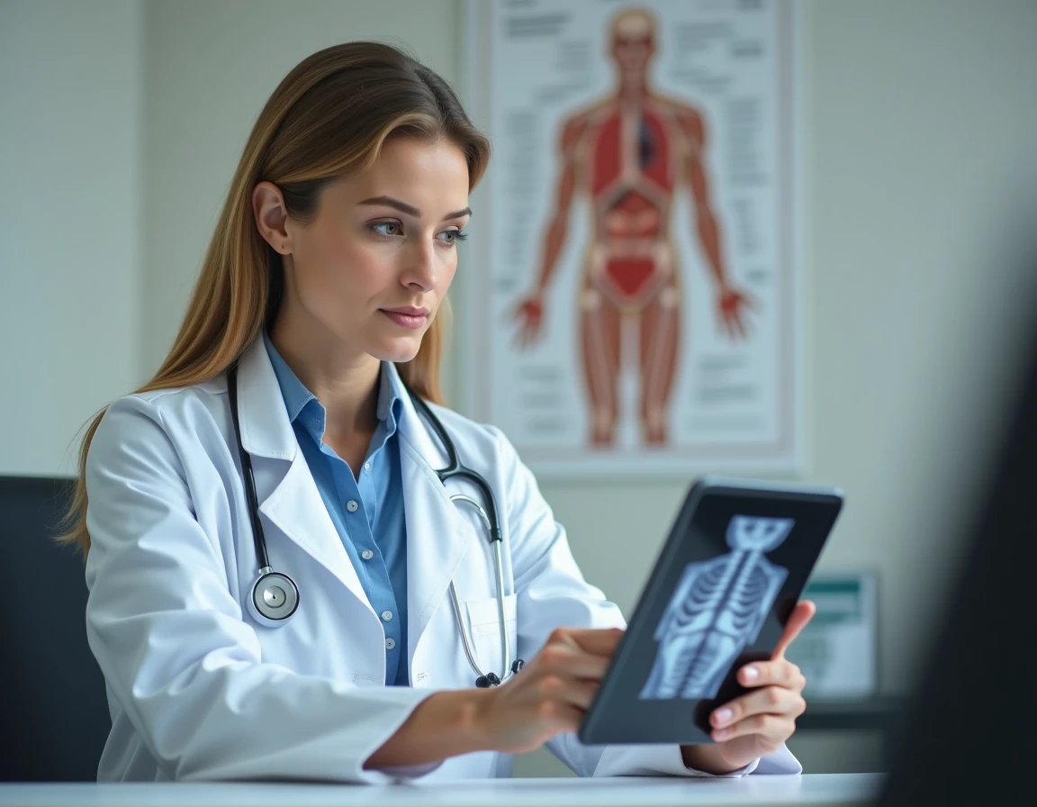 Médecin généraliste consultant sur tablette les résultats d'examen partagés numériquement par son patient via un portail de santé