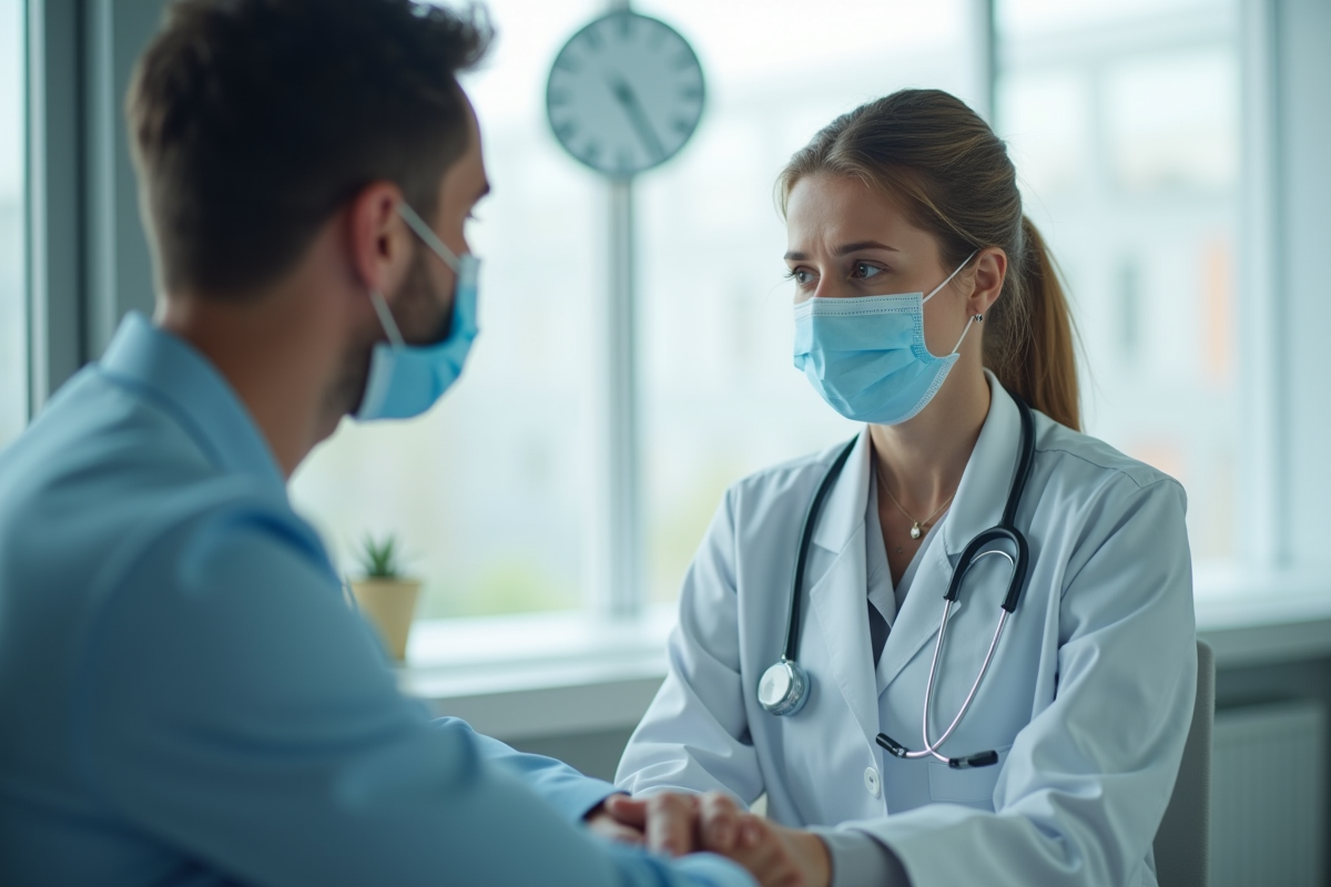 Medecin avec masque consultent un patient en cabinet moderne