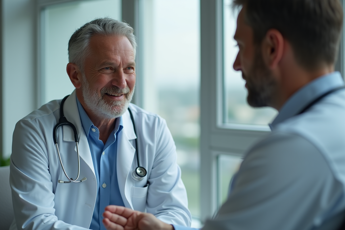 Medecin calmement expliquant des symptômes à un homme dans un cabinet