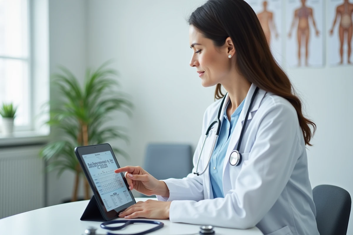 Médecin gynécologue expliquant le calcul du terme de grossesse en semaines d'aménorrhée sur une tablette dans un cabinet médical