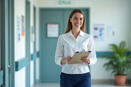 Femme medecin souriante dans un couloir hospitalier