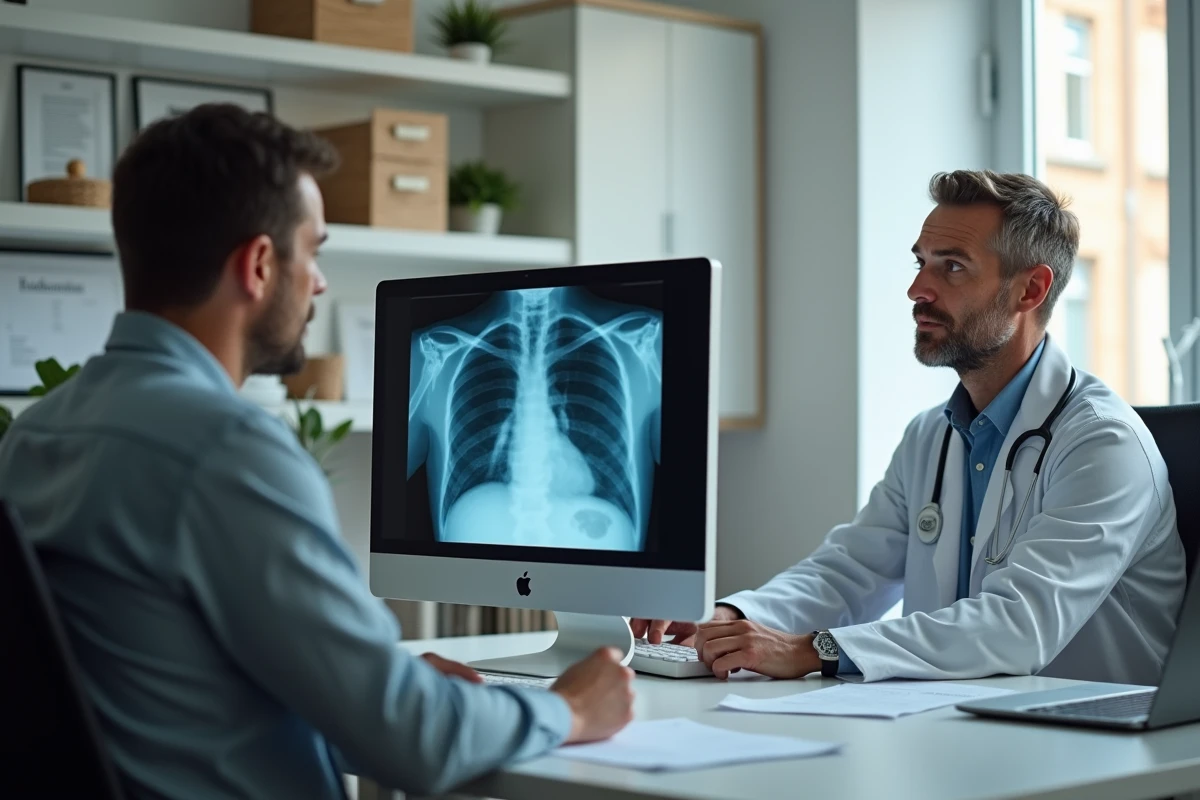 Jeune m&eacute;decin examinant une radiographie sur ordinateur
