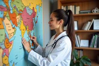Pediatre femme devant une carte du monde en milieu médical