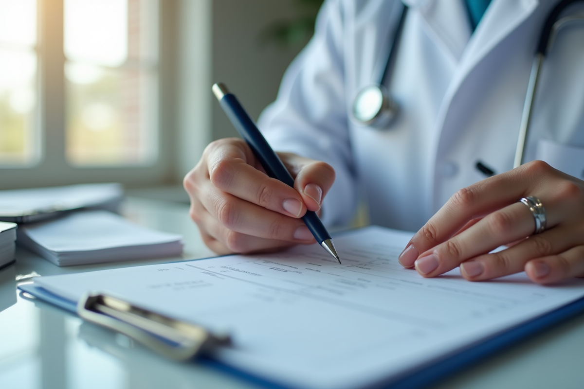 Main d'un médecin écrivant une prescription sur un classeur