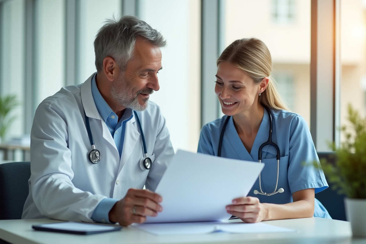 Médecin et patient discutant à un bureau lumineux