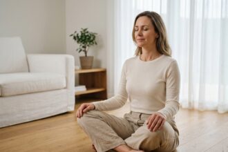 Femme pratiquant la méditation assise sur un plancher en bois dans un salon minimaliste pour lutter contre le stress naturellement