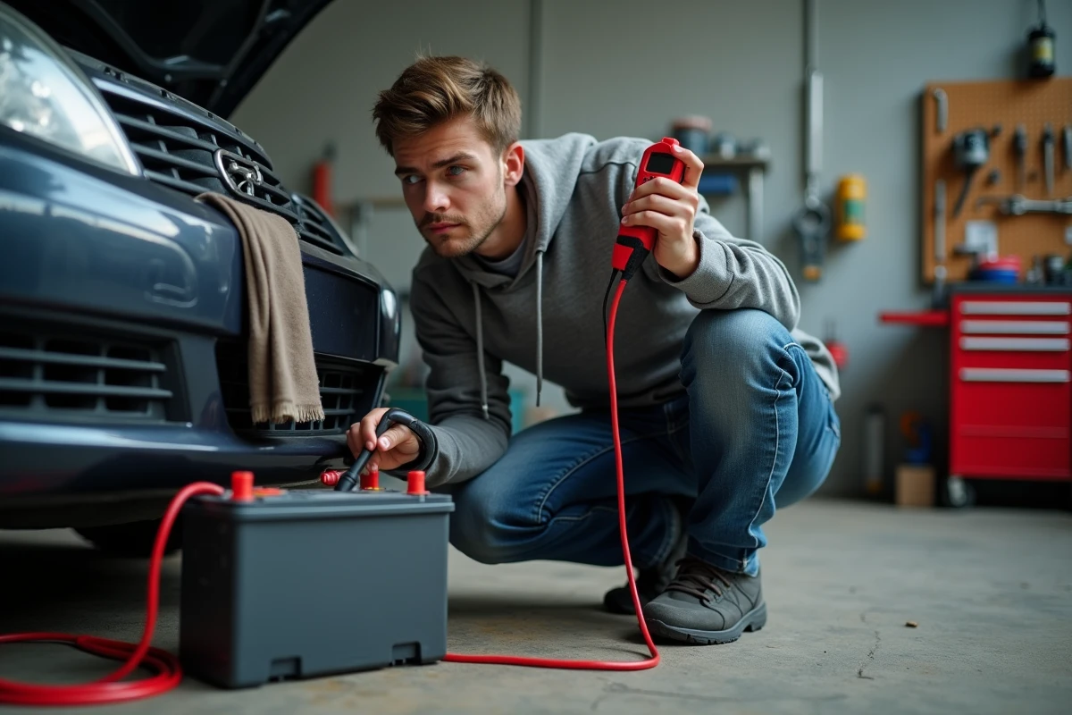 Jeune homme mesurant la tension d'une batterie de voiture avec un multimètre dans un garage domestique