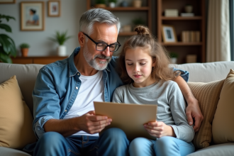 Homme d'âge moyen et adolescente discutent sur un canapé lumineux