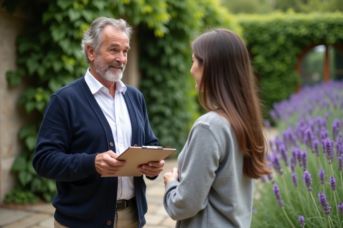 Naturopathe dans un jardin de lavande en discussion