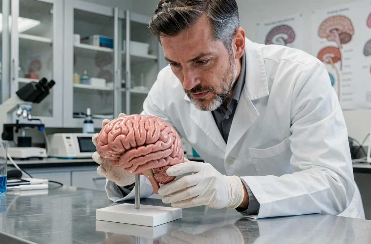 Neuroscientifique examinant un modèle anatomique du cerveau humain en laboratoire, avec focus sur la région de l'hippocampe