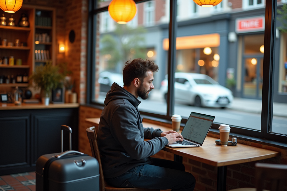 Nomade digital travaillant dans un café avec bagages à côté