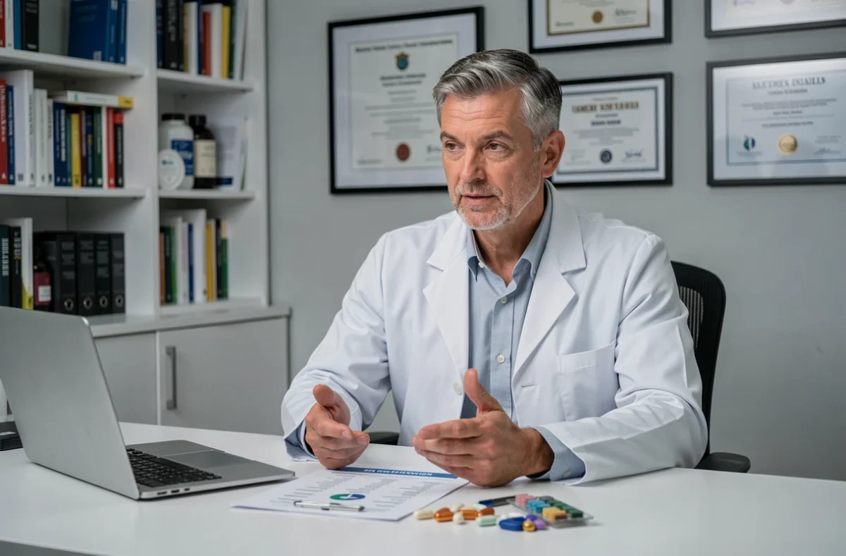 Nutritionniste sportif professionnel analysant le dosage et l'efficacité d'un complément alimentaire