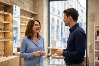 Femme souriante avec lunettes stylées dans une boutique à Bordeaux