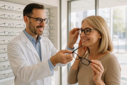 Opticien aidant une femme &agrave; choisir des lunettes dans un magasin lumineux
