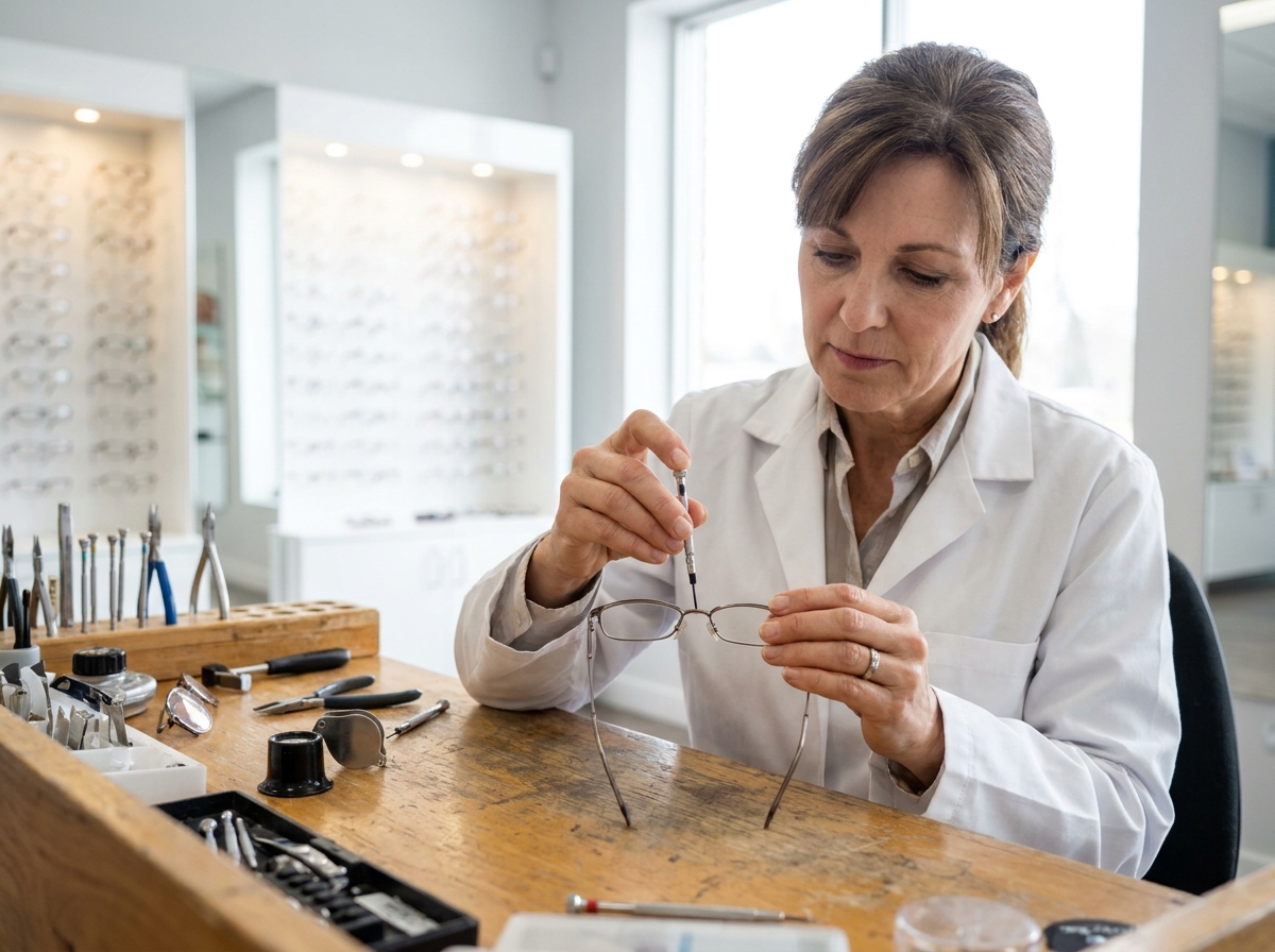 Opticienne en blouse blanche ajustant les branches de lunettes avec un tournevis de précision dans un atelier optique professionnel