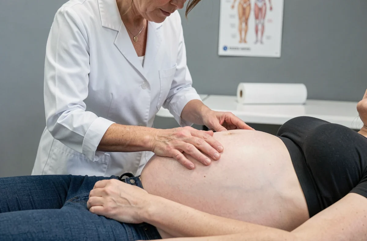 Ostéopathe réalisant une technique manuelle douce sur les côtes d'une femme enceinte en cabinet de consultation