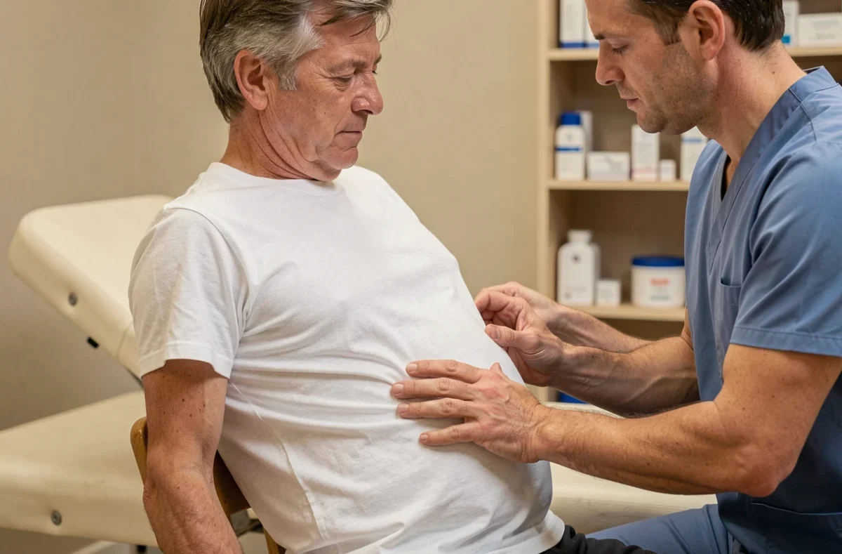 Professionnel de santé palpant le bas du dos d'un patient pour identifier la localisation des reins lors d'un examen médical