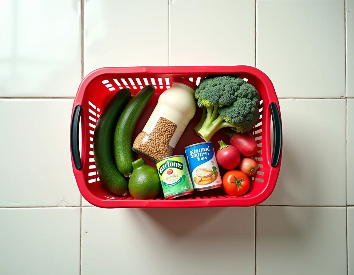 Vue de dessus d'un panier de supermarché rempli d'aliments frais et peu caloriques comme des légumes et du thon