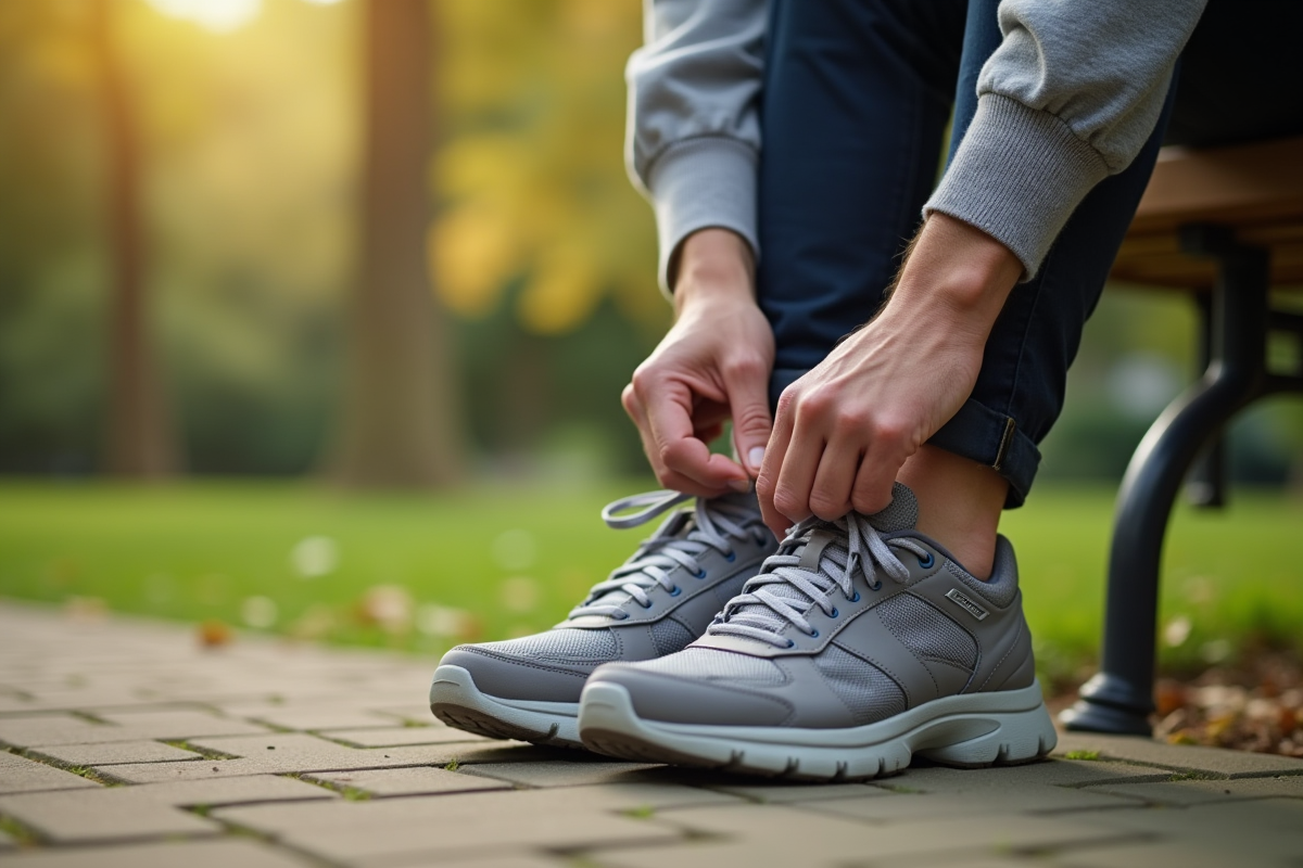 Patient attachant ses chaussures Skechers dans un parc ensoleille