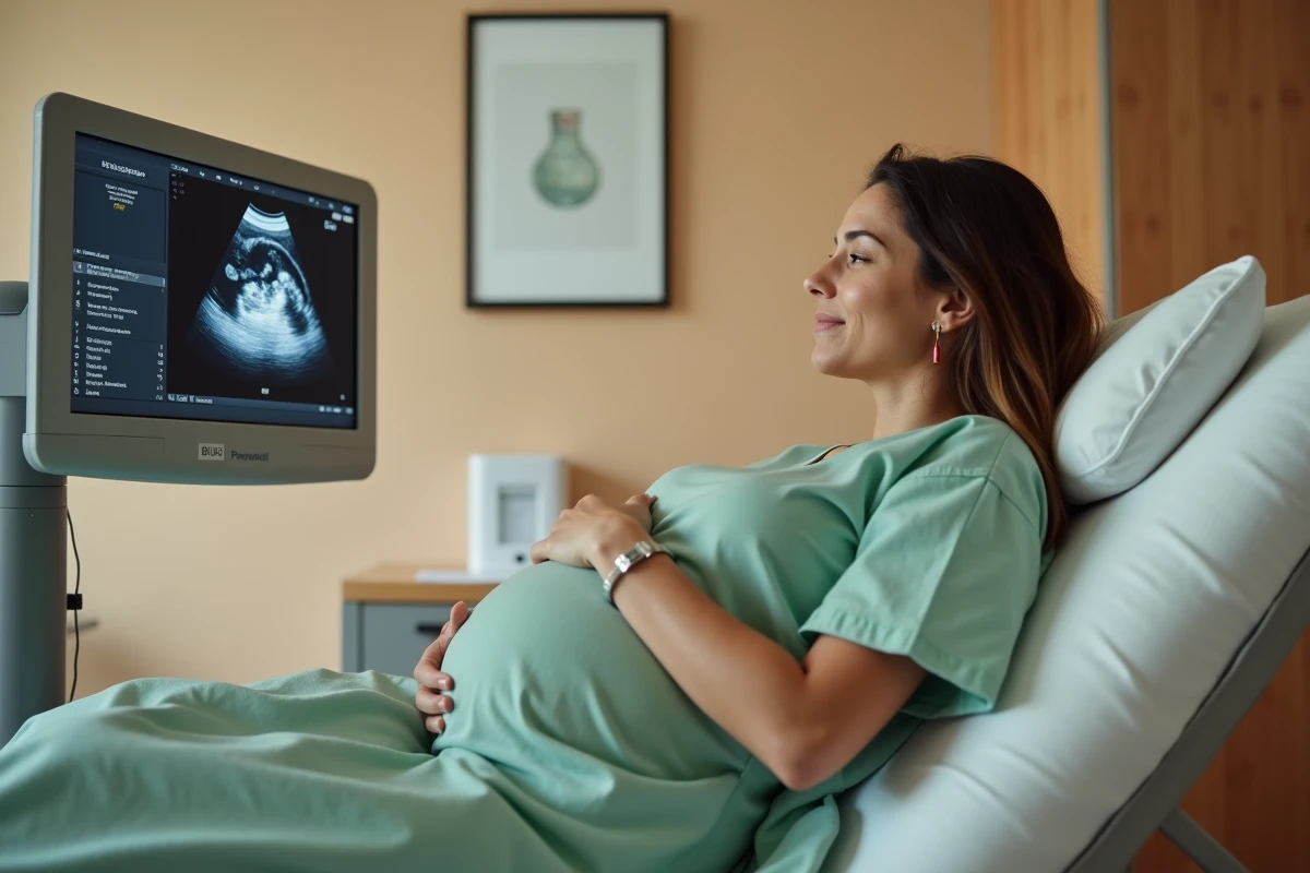 Femme enceinte observant l'image de son sac gestationnel sur un moniteur d'échographie lors d'une consultation précoce à 5 semaines de grossesse