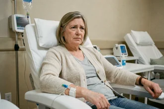 Femme d'une cinquantaine d'années recevant une perfusion de fer en clinique médicale, bras gauche avec une ligne intraveineuse, expression calme et légèrement fatiguée