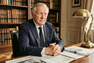 Homme politique âgé assis à un bureau avec des journaux, illustrant les rumeurs sur la santé des personnalités publiques