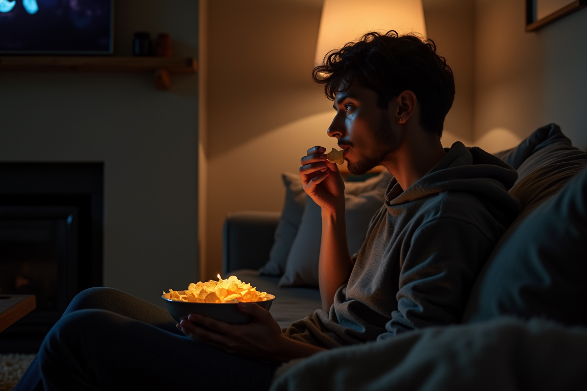 Personne mangeant des chips sur un canapé